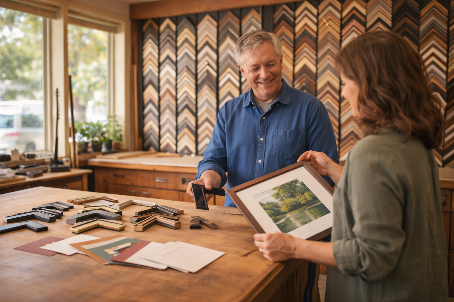 Custom picture framing shop in Portland Vancouver area - All Custom Framing at Wholesale showroom with frame moulding samples and consultation area