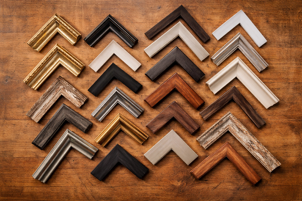 Picture frame moulding corner samples showing gold leaf, black metal, rustic wood, and contemporary frame styles at Portland frame shop