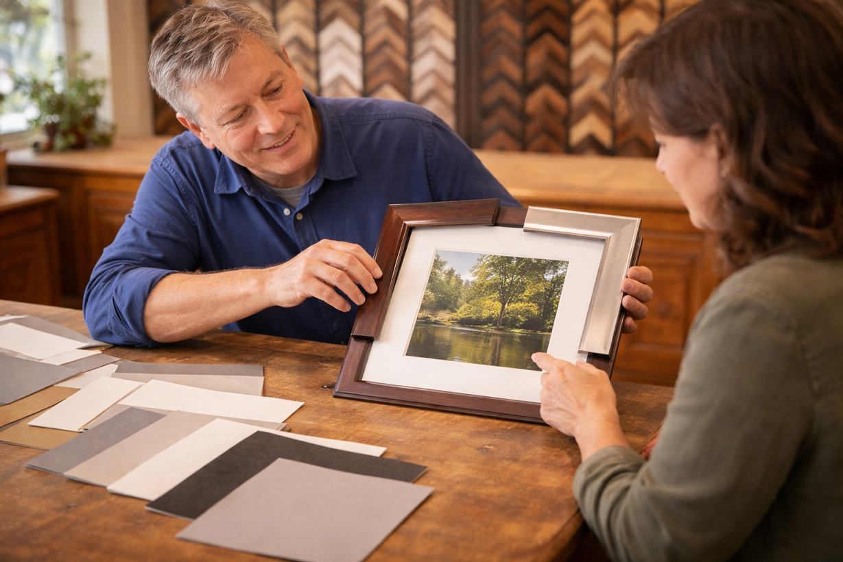 Custom framing consultation showing frame corner samples and mat board options being compared against customer artwork