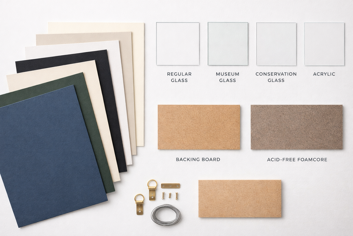 Picture framing materials including museum glass, conservation glass, acid-free mat boards, and backing board options