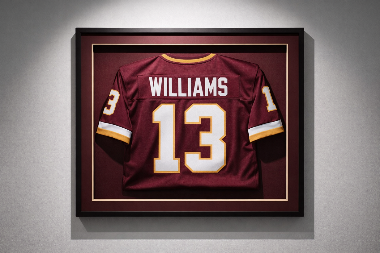 Custom sports jersey shadow box frame with UV-protective museum glass - professional memorabilia framing Portland Vancouver