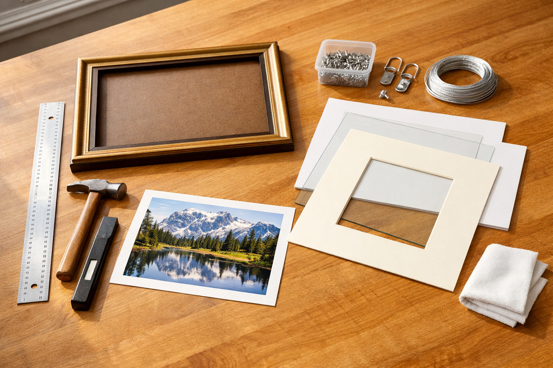 DIY picture framing workspace showing frame, mat board, glass, and assembly tools on work table