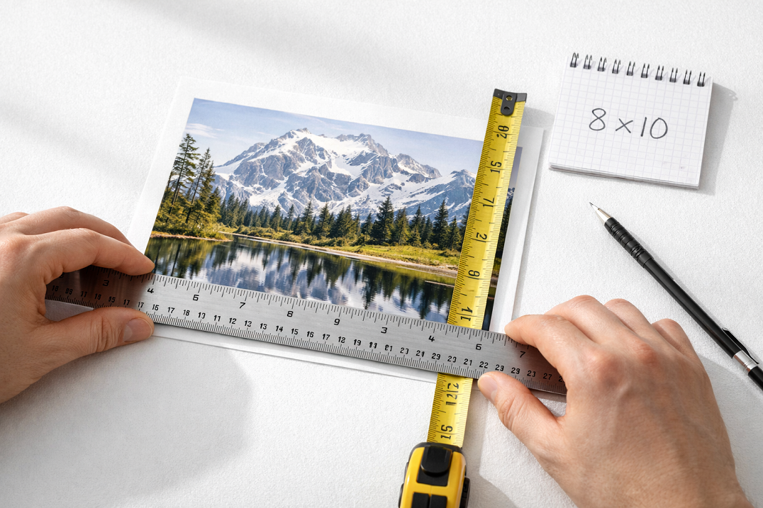 Measuring artwork dimensions with ruler showing width and height measurements for picture framing