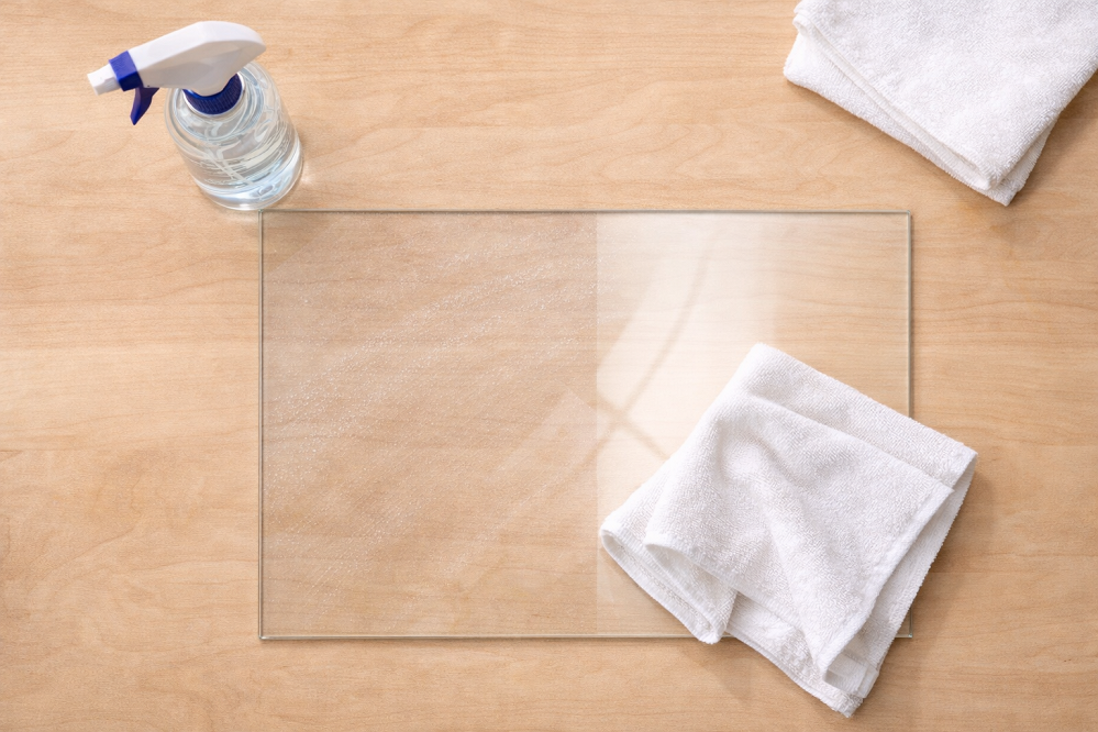 Cleaning picture frame glass with lint-free cloth showing proper technique for dust-free framing