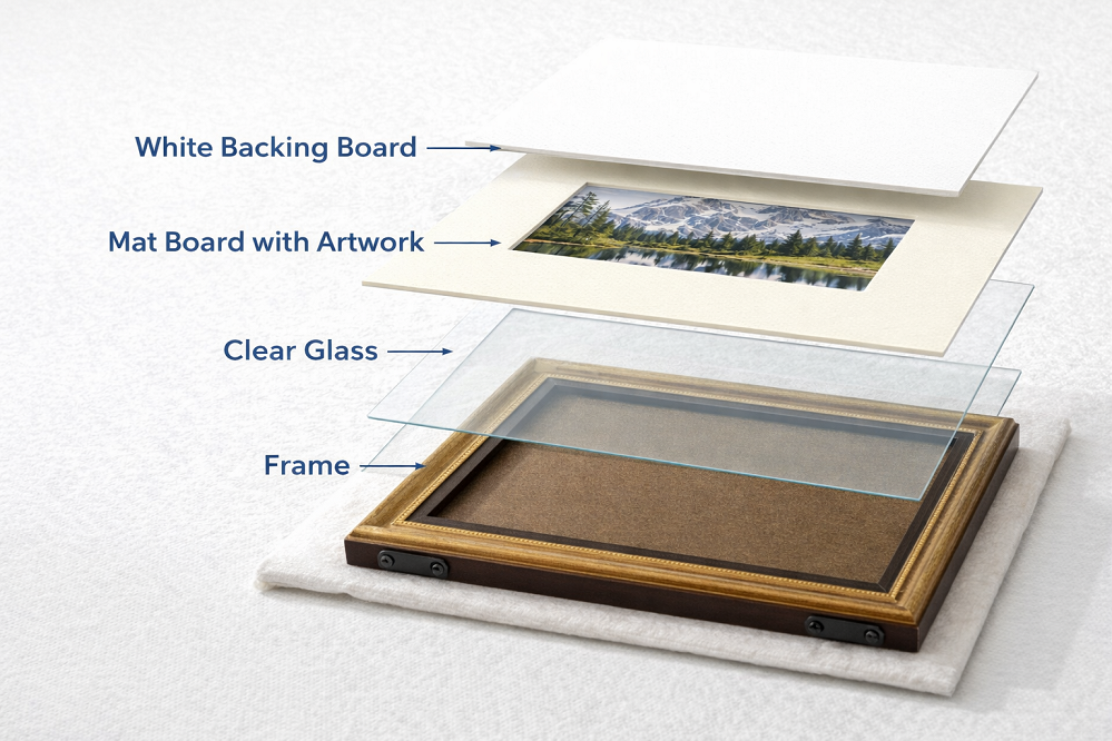 Picture frame assembly layers showing glass, mat, artwork, and backing board stacking order