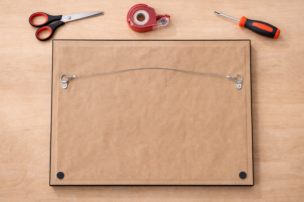 Applying kraft paper dust cover and D-ring hanging hardware to back of picture frame