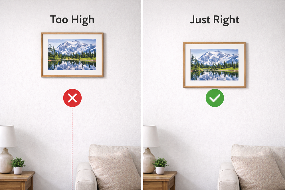 Framed artwork hanging at eye level on wall demonstrating proper 57-inch gallery hanging height